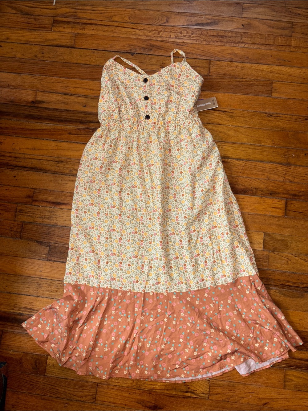 Patagonia Cream Floral Sundress with Rust and Yellow Accents